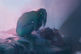 A person is laying down, asleep. A ghoul-like being is squatted, back-arched, on their chest.