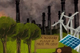 An illustration of wind turbines, solar panels, wood, trees with factories in the background. There is also a sign that says “X Industry Plant a Tree Project.”