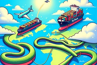 A cartoon of a python snake on a world map with illustrations of cargo planes and container ships.