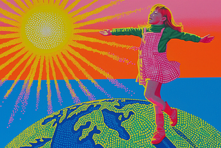 Illustration of a young girl with open arms, walking on a globe in sunrise. AI image created on MidJourney V6 using the Model Personalization feature, by the author Henrique Centieiro and Bee Lee