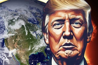 The image depicts a large portrait painting of former U.S. President Donald Trump on a serious facial expression against a background of planet Earth from space and an orange-tinted, cloudy sky representing fiery destruction. The portrait is highly stylized and dramatic, emphasizing Trump’s intense gaze and features.