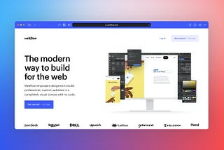 Hero section of no-code website builder Webflow on the red and blue gradient background.