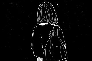 girl’s back with backpack and stars in the sky