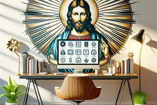 A work from home desk with a religious style icon in the background