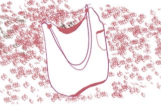 A drawing in red tones with background pattern of minimalist plastic bags floating in the air; in the foreground a reusable bag, collecting some of these 1-time use bags.