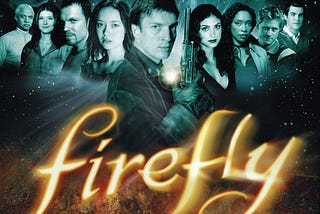 The cast of the show ‘Firefly’ in hologram-esque colours on a starry background with the title beneath them