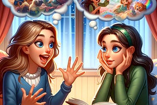 Cartoon style image. Two girls talking. A cloud above their heads filled with images of things people believe in or not.