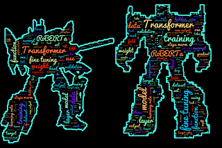 Image of Transformer word clouds generated with Python codes. Article cover for “Advanced Techniques for Fine-tuning Transformers”. Author: Peggy Chang