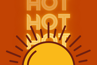 Image of sun and hot words on orange background for summertime post about heat