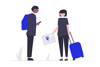 Woman and man characters stay in front of each other with suitcases.