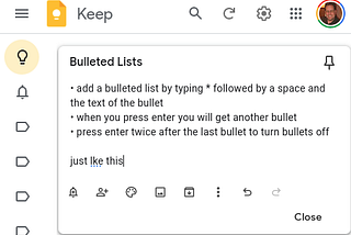 Create Bulleted Lists in Google Keep