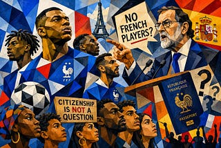 Cubist illustration of Black French football players confronting a politician as passports, national flags, and geometric shapes symbolize the political struggle over race, citizenship, and national identity.