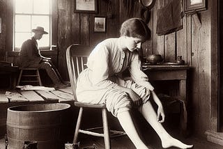 In an Old West cabin a young woman is sitting on a chair examining her swollen ankles and feet.