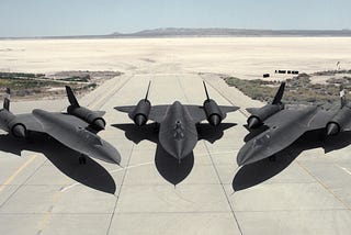 A photo of three SR-71 Blackbird aircraft designed by the Skunk Works team