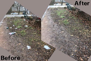 A before and after picture of a litter-picking activity. On the left, a patch is covered by waste; on the right, this waste has gone