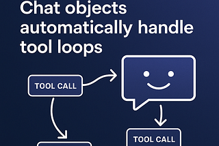 A minimalist blue gradient cover image for a tech blog post titled “ellmer and chatlas: Chat objects automatically handle tool loops.” The design features white sans-serif text and a diagram showing a smiling chat bubble connected by looping arrows to three boxes labeled “TOOL CALL,” representing automatic function-calling cycles. The layout is clean and modern, evoking automation and LLM tool orchestration.
