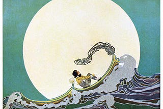 An illustration of a boy in a boat looking dreamily at the night sky