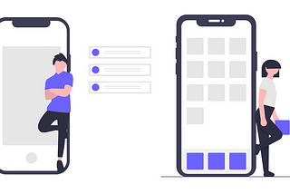 The illustration depicts two figures standing in and next to two giant cellphones.