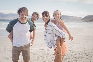 Parents on the beach with their children.
