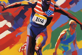 AI generated image (Stable Diffusion), the prompt is “A fauvist painting of an american athlete winning at the olympic games USA USA”