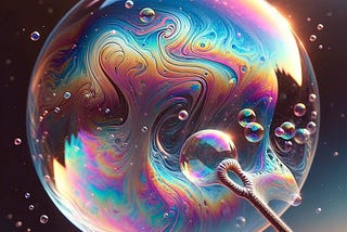 IMAGE: A hyper-realistic, close-up illustration of a soap bubble being blown up, capturing the moment the bubble forms and starts to expand, highlighting the glossy and reflective surface with rainbow-like colors due to light interference. The blurred background emphasizes the bubble’s delicate structure and dynamic motion