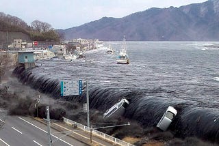 March 11th, 2011 tsunami breaches the flood wall at Miyako Bay