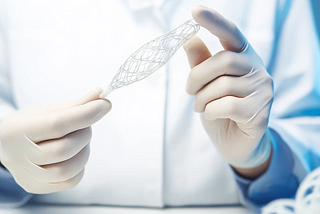 A healthcare professional wearing sterile gloves carefully examines a coated mesh-like stent, showcasing the precision of medical device coatings.