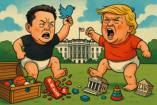 Cartoon image of the diapered infants, Elon and Donald, fighting over their toys on the White House lawn.