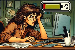 An exhausted woman with glasses looks at her computer monitor while resting her face on her left hand. On the top right hand corner there’s a battery icon depicting low energy.