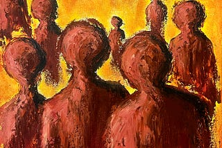 Acrylic Painting with a yellow base of people standing facing backwards.