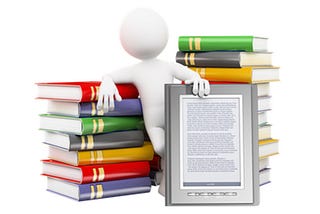 Image of figure with books and ebook reader