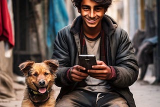 An enterprising teenage Indian boy with his dog and smartphone.