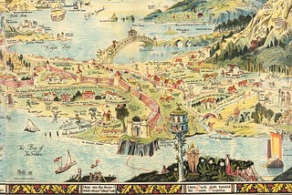 Decorative, coloured pictorial map showing characters from books, fairies and mythical creatures in a fantasy landscape, surrounded by mountains and sea.