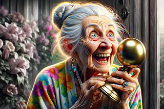 An old lady looking maniacally happy with a large doorbell.