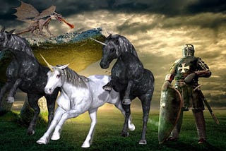 Armored knight stands near three running unicorns. In the background, a huge glowing stone structure, aka a dolmen, with a fire-breathing dragon on top.