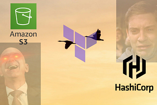 Terraform logo superimposed over some birds migrating from a HashiCorp logo to an S3 logo