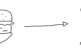 A drawing of a transitional arrow, from cheeseburger to a glass of wine.