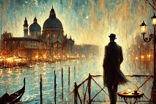 A melancholic scene of a man standing on the edge of a tall building at night, gazing at the city below. The setting is illuminated by dim streetlights and distant city lights, with a gentle breeze depicted in the movement of his coat. The sky is dark and starless, adding to the somber mood. The style is impressionistic, with soft brushstrokes and a focus on conveying emotion through light and color.