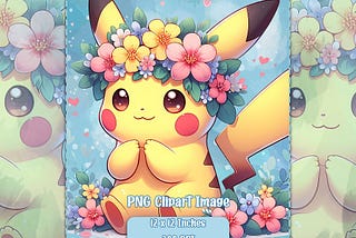 Pikachu Spring Flowers PNG, Transparent Background Clipart Images, Commercial License Files, Cute Little Monster Graphics