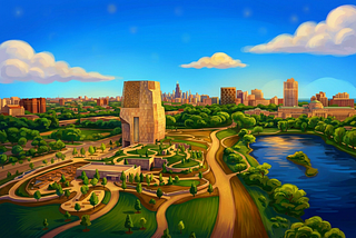 Stylized illustration of the Obama Presidential Center tower rising above its landscaped park, with the Chicago skyline and a lagoon in the background