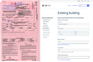 paper PDF form with 40 fields and messy writing on top next to a screenshot of a digital form with headlines and descriptions