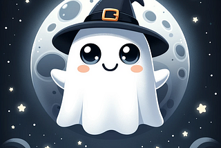 Photo of a cute ghost cartoon character floating against a dark, moonlit sky. The ghost has big round eyes, a cheerful smile, and tiny little hands. It’s wearing a tiny witch hat and is surrounded by glowing stars.