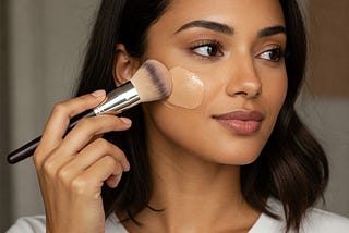A woman using a foundation brush to apply a thin layer to her cheeks.