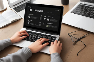 Image of a laptop on a desk with three hands typing at the keyboard. Glasses with one eye glass are next to it.