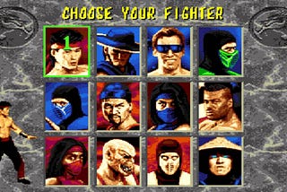 screenshot of the character select screen in Mortal Kombat II on Sega Genesis