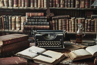 An antique typewriter sits ready amidst a collection of worn books in a classic writer’s study.