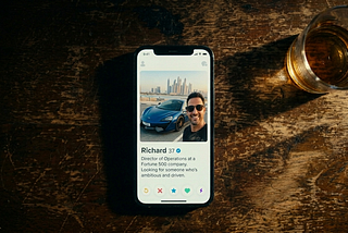 Overhead shot of a phone that shows a man’s dating profile