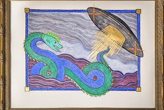 A framed artwork shows a green and blue serpent facing a flying saucer emitting gold beams over purple hills, set within a decorative border.