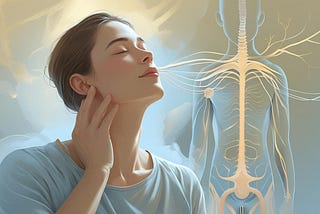 An illustration of a person’s head and neck with gentle glowing lines representing the nervous system pathways within the neck. Soft botanical elements and water ripples surround the image, symbolizing the connection between physical body tension and mental health. Anxiety, neck pain.