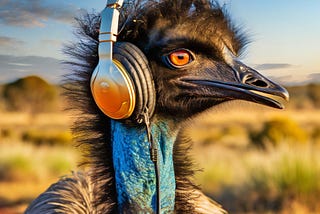 AI-generated Image depicting an emu wearing headphones.